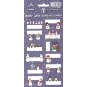 Arch Vánoční etikety samolepky Sněhuláci tmavě modrý arch 12 etiket