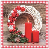 Aha Papírové ubrousky 3 vrstvé 33 x 33 cm 20 kusů Vánoční Bílý věnec, 2 červené svíčky a ozdoby