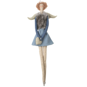 Andělka látková v džínové a šedé vestě na zavěšení 43 cm