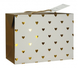 Dárková papírová taška krabice 18 x 12 x 9 cm uzavíratelná, se zlatými srdíčky