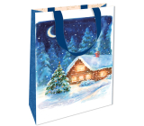 Nekupto Dárková papírová taška s ražbou 17,5 x 11 x 8 cm Vánoční modrá s chaloupkou WLFS 1988