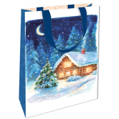 Nekupto Dárková papírová taška s ražbou 17,5 x 11 x 8 cm Vánoční modrá s chaloupkou WLFS 1988