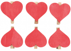 Srdce dřevěné na kolíčku červené 6 cm 6 kusů