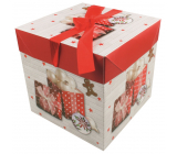 Dárková krabička skládací s mašlí Vánoční s dárky a perníčkem 21,5 x 21,5 x 21,5 cm