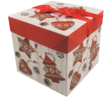 Dárková krabička skládací s mašlí Vánoční s červenými ozdobami 21,5 x 21,5 x 21,5 cm