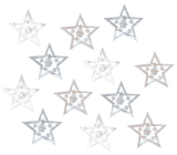 Hvězda dřevěná s lepíkem Přírodní, šedá, bílá 4 cm 12 kusů
