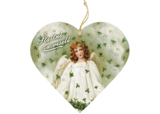 Bohemia Gifts Dřevěné dekorační srdce s potiskem Anděl se čtyřlístky 12 cm