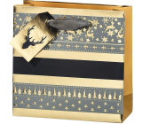 BSB Luxusní dárková papírová taška 14,5 x 15 x 6 cm Vánoční zlatá se soby a stromky VDT 445 - CD