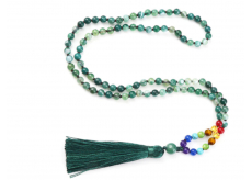 108 Mala 7 čakrový náhrdelník Achát zelený meditační šperk, přírodní kámen vázaný, elastický, střapec 8 cm, korálek 6 mm