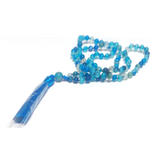 108 Mala Achát modrý náhrdelník, meditační šperk, přírodní kámen vázaný, elastický, střapec 8 cm, korálek 6mm