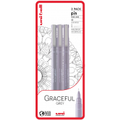 Uni Pin Graceful Grey Sada kreslících linerů se speciálním inkoustem 0,1/0,5 mm/štětec Světle šedá 3 kusy