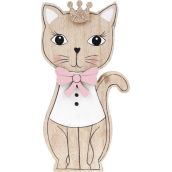 Kočka dřevěná na postavení s růžovou mašličkou a korunkou 15 cm