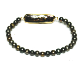 Perla černá s ozdobou náramek elastický přírodní kámen, kulička 4-5 mm / 16 - 17 cm, symbol ženskosti, přináší obdiv