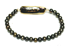Perla černá s ozdobou náramek elastický přírodní kámen, kulička 4-5 mm / 16 - 17 cm, symbol ženskosti, přináší obdiv