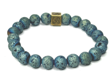 Láva modrá pokovovaná s královskou mantrou Óm, náramek elastický přírodní kámen, kulička 8 mm / 16 - 17 cm, zrozen ze čtyř živlů