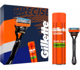 Gillette Fusion Sensitive gel na holení citlivá pleť 200 ml + Fusion pánský holicí strojek 1 kus + náhradní hlavice 1 kus, kosmetická sada pro muže