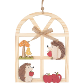 Podzimní okno s ježky dřevěná dekorace na zavěšení 23,5 cm 1 kus