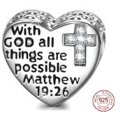 Charm Sterlingové stříbro 925 Náboženská kouzla Matouš 19.26 s kubickým zirkonovým křížem, korálek na náramek