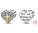 Charm Sterlingové stříbro 925 Náboženská kouzla Srdce, kříž, Bůh možností, korálek na náramek