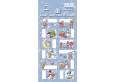 Arch Vánoční etikety samolepky na dárky Medvídek s čepicí, světle modrý arch 12 etiket