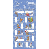 Arch Vánoční etikety samolepky na dárky Jelínek s čepicí, modrý arch 12 etiket