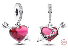 Charm Sterlingové stříbro 925 Červené srdce a šíp Murano Glass, přívěsek na náramek láska