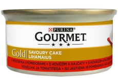 Gourmet Gold Savoury Cake hrubá paštika s hovězím a rajčaty konzerva pro dospělé kočky 85 g