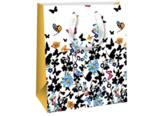 Ditipo Dárková papírová taška 18 x 22,7 x 10 cm Glitter - bílá černí a barevní motýli a květy