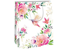 Ditipo Dárková papírová taška 18 x 10 x 22,7 cm Bílá barevné květy a kolibřík