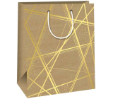 Ditipo Dárková papírová taška 26,4 x 32,7 x 13,6 cm Kraft - přírodní zlaté čáry rovné