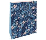 Nekupto Dárková papírová taška 32,5 x 26 x 13 cm Květinový vzor modrý