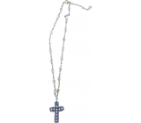 Bižuterie Náhrdelník stříbrný s modrými krystaly s přívěškem kříž 40 cm