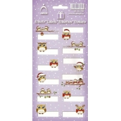 Arch Vánoční etikety samolepky Sovičky fialový arch 12 etiket