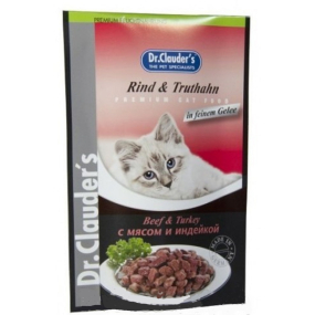 Dr. Clauders Hovězí a krocan v omáčce kompletní krmivo s kousky masa pro kočky kapsička 100 g