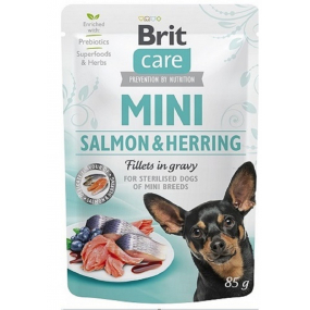 Brit Care Mini Salmon & Herring Fillets In Gravy kompletní superprémiové krmivo pro kastrované dospělé psy mini plemen kapsička 85 g