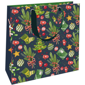 Nekupto Dárková papírová taška luxusní 23 x 23 cm Vánoční stromeček, jmelí, ponožky