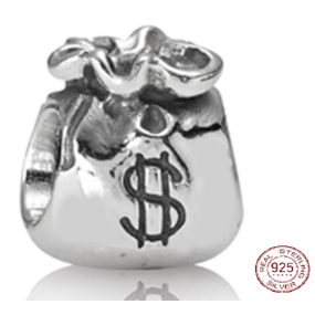 Charm Sterlingové stříbro 925 Měšec plný peněz, korálek na náramek symbol