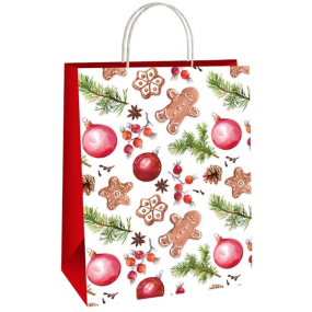 Ditipo Dárková papírová taška 22 x 10 x 29 cm Vánoční bílá ozdoby, perníčky, šišky, větvičky