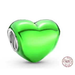 Charm Sterlingové stříbro 925 Metalické zelené srdce, korálek na náramek, láska
