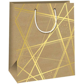 Ditipo Dárková papírová taška 26,4 x 32,7 x 13,6 cm Kraft - přírodní zlaté čáry rovné